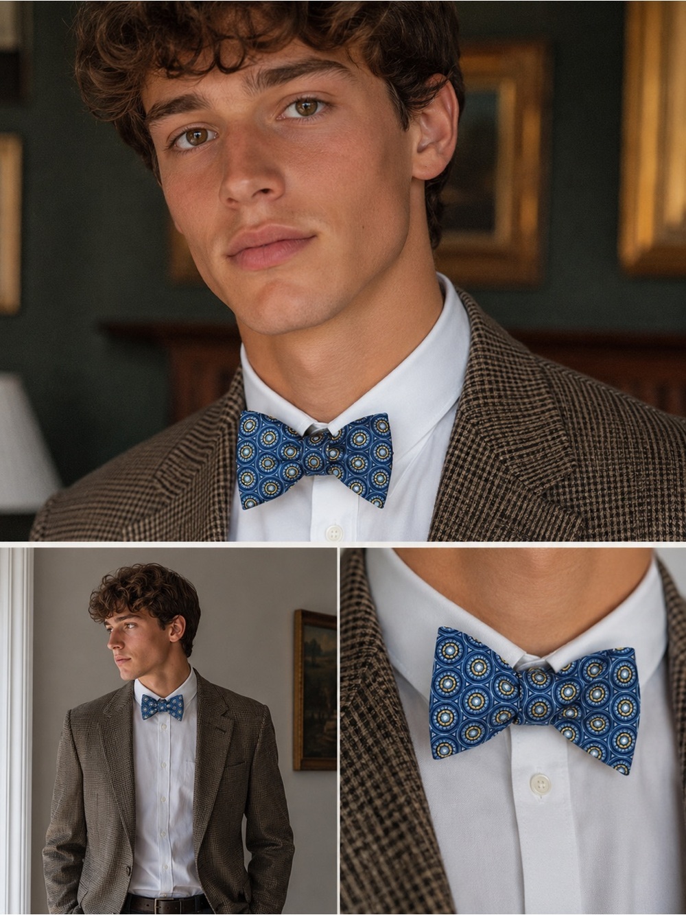 The Tie Bar Blue Medallion Silk Bow Tie Yellow Stripe Accent Preppy Classic